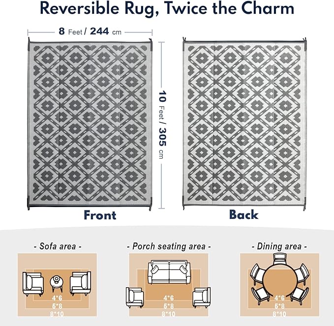 Waterproof Outdoor Rug 8x10 ft, Reversible Plastic Straw Rug, Easy to Clean Patio Rug, Portable Carpet for Patio, RV, Deck, Balcony, Backyard, Picnic, Beach, Square Dashed, Gray