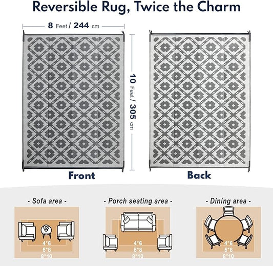 Waterproof Outdoor Rug 8x10 ft, Reversible Plastic Straw Rug, Easy to Clean Patio Rug, Portable Carpet for Patio, RV, Deck, Balcony, Backyard, Picnic, Beach, Square Dashed, Gray