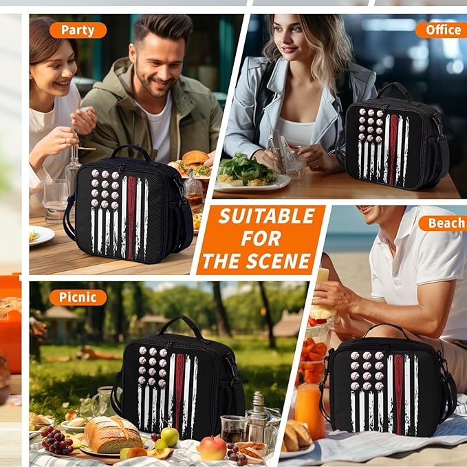 Sport Baseball Pattern Lunch Bag American Flag Baseball Lunch Boxes for Women/Man Office Work Travel School Work Picnic Durable Reusable Insulated Large Lunch Tote Bag with Adjustable Shoulder Strap