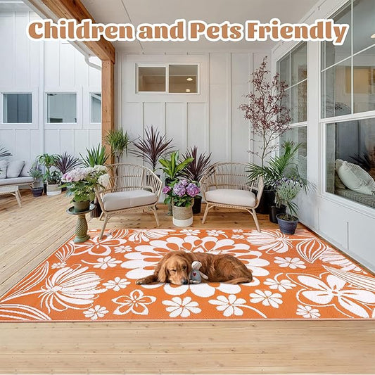 Ileading Outdoor Plastic Straw Rug 6x9ft Funny Floral Style Reversible Patio Area Rugs Waterproof Non Shedding Portable Carpets for Rv Outside Deck Pool Beach Picnic Camping (Orange)
