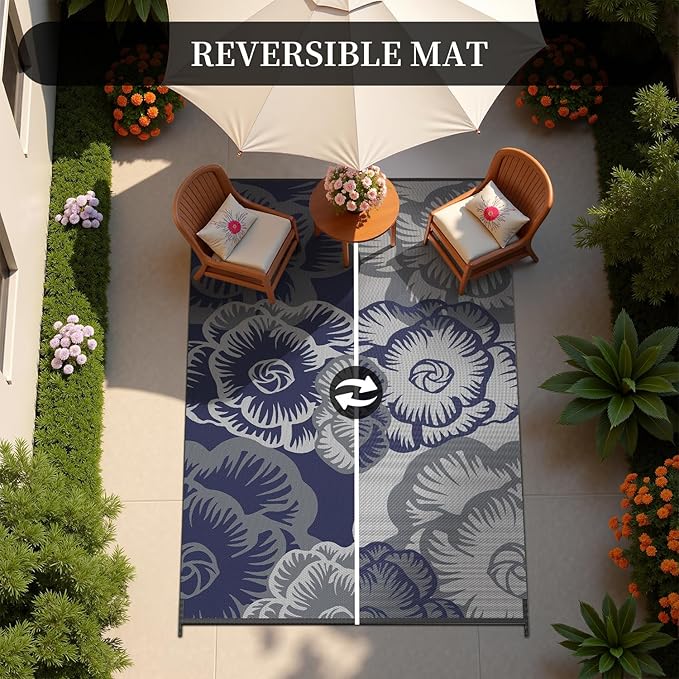MontVoo Outdoor Rug-Waterproof Patio Rug Mat 5x8 Outdoor Carpet Mat Reversible Plastic Straw Outside Outdoor Rug for RV Camping Picnic Beach Balcony Backyard Pool Deck Farmhouse Floral Navy Blue