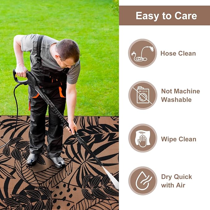 Anidaroel 8x10 Leaf Outdoor Rug for Patios Clearance, Waterproof Camping Rug for Outside RV, Reversible Plastic Straw Outside Area Rugs for Garden, Camper, Picnic, Beach(Black/Brown,8'x10')