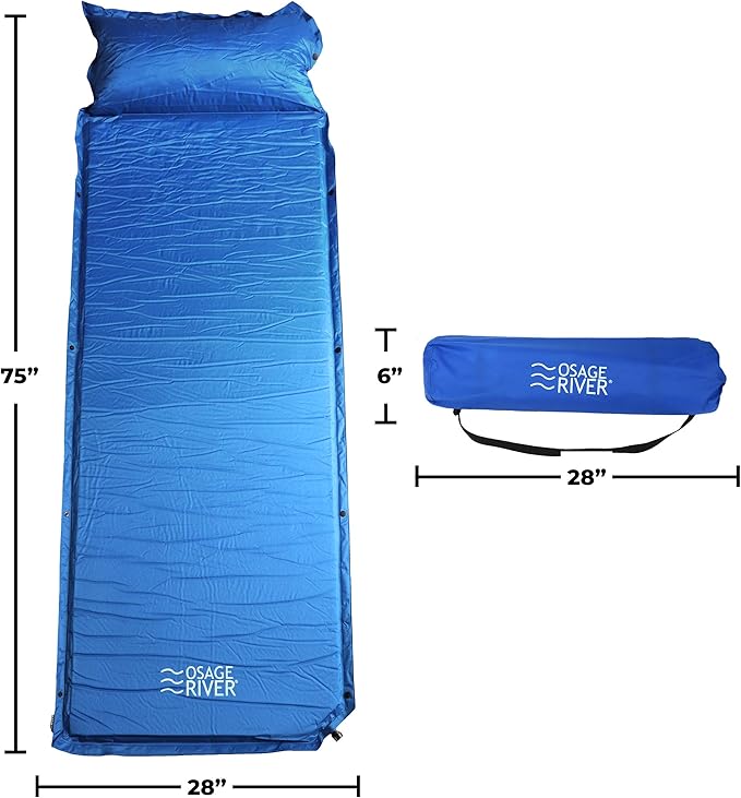 OSAGE RIVER Self Inflating Sleeping Pad with Built-in Pillow, Compact Memory Foam Sleep Mat, Camping Air Mattress for Tent, Travel, Backpacking, or Hiking