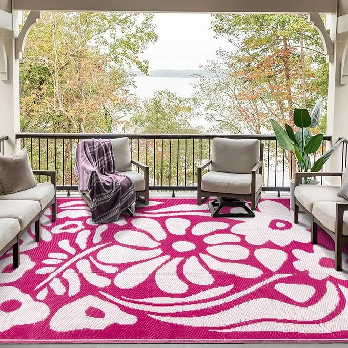 Wonnitar Outdoor Rugs 8x10,Plastic Outdoor Waterproof Patio Rugs Clearance,Reversible Large Outside RV Camping Mat,Portable Abstract Plant Lightweight Carpet for Backyard Deck Park (Pink, 8'x10')
