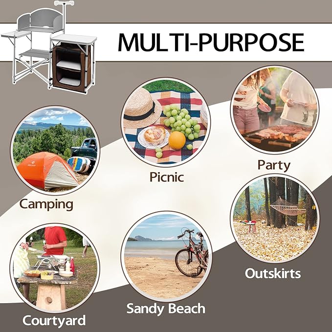 CampLand Folding Cooking Table Outdoor Portable Cook Station Aluminum Camping Kitchen with Storage Organizer, Windscreen, Hooks for BBQ, Party