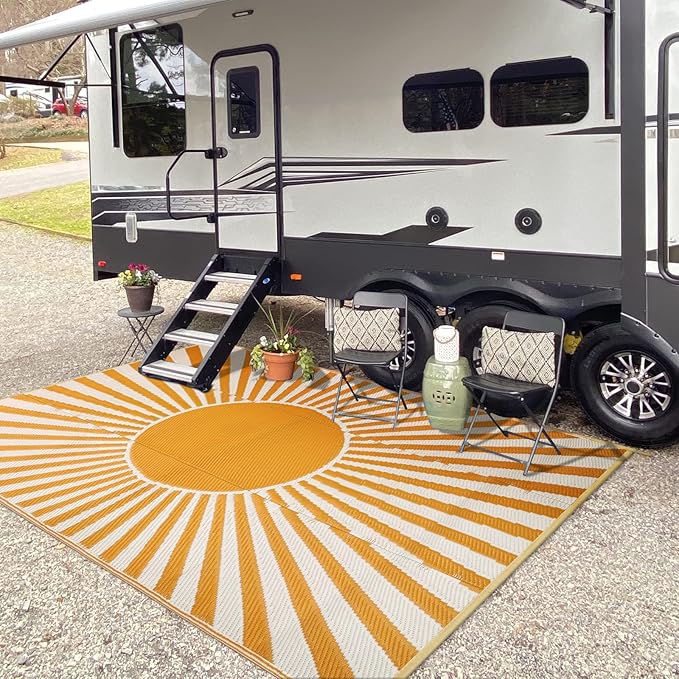 Wonnitar Outdoor Rug 6x9 Waterproof - Reversible Plastic Straw Patios Rug, Large Outside Portable Camper RV Mat, Outdoor Carpet for Deck Picnic Balcony Backyard Porch (Orange, 6'x9')