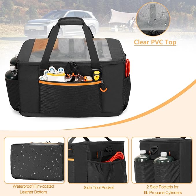 Camping Gear Organizer, 3 Pcs Camping Packing Cubes and 1 Pcs Mesh Pocket with Carrying Bag for Kitchen Supplies, 5-in-one Tactical Travel Storage with Transparent Window for Car Trunk Patented Design
