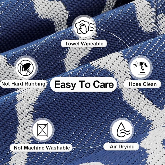 OutdoorLines Outdoor Plastic Area Rugs for Patio 4x6 ft - Reversible Outside Carpet, Stain & UV Resistant RV Mats, Straw Rug for Camping, Deck Garden, Porch and Balcony, Moroccan Navy & Light Grey