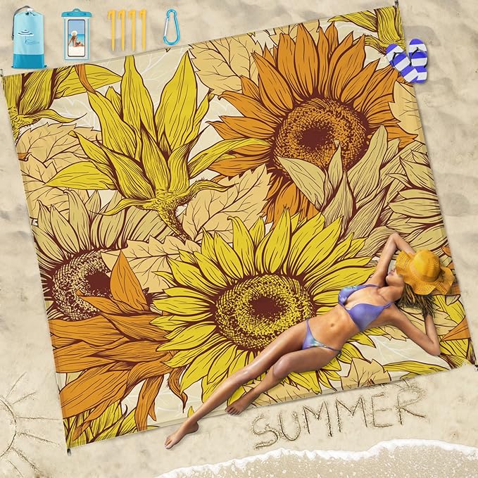 Beach Blanket Sandproof Waterproof 78''ร81''1-5 Adults Oversized,Compact Lightweight Durable Beach Mat for Travel Camping Hiking Picnic Blanket