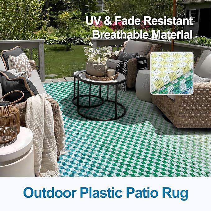 Wonnitar 8x10 Waterproof Outdoor Rugs - Blue Yellow Ombre Checkered Patios Rug, Large Reversible Plastic Straw Mat for Camping RV Balcony, Portable Colorful Outdoor Deck Rug