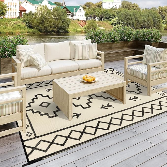 Uphome Outdoor Plastic Straw Rug 6x9 ft, Reversible Waterproof Outdoor Rug Carpet, Tan Boho Patio Rug, RV Camping Rug for Outside, Indoor Outdoor Area Rug for Backyard Deck Balcony Picnic, 6'x9'