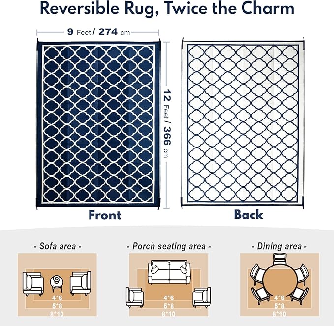 Waterproof Outdoor Rug 9x12 ft, Reversible Plastic Straw Rug, Easy to Clean Patio Rug, Portable Carpet for Patio, RV, Deck, Balcony, Backyard, Picnic, Beach, Clover, Navy Blue