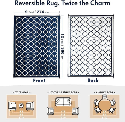 Waterproof Outdoor Rug 9x12 ft, Reversible Plastic Straw Rug, Easy to Clean Patio Rug, Portable Carpet for Patio, RV, Deck, Balcony, Backyard, Picnic, Beach, Clover, Navy Blue