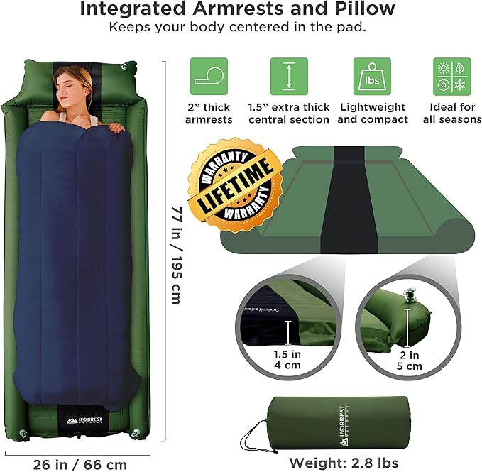 IFORREST Camping Pad with Armrest & Pillow - Self-Inflating Air Mattress - Rollover Protection - Ultra-Comfortable Mat - Lightweight for Tent, Cot, Backpacking(L/XL)