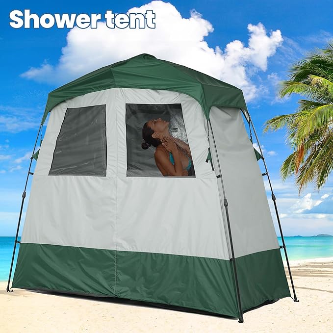 Camping Shower Tent Deluxe Changing Room Easy Set Up Privacy Shelter,Large Toilet Tent 2 Rooms with Floor Drain Design for Beach, Camping,Hiking with Stakes and Ropes for Stability