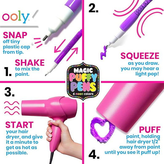 Ooly Magic Puffy Pens, Set of 6 Neon Colors with 3D Ink, Just Add Heat & Watch Art Grow, Creative Markers for Kids & Toddlers, Fun Art Supplies for Drawing & Coloring - 6 Markers & Sketchbook Bundle