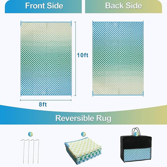 Wonnitar 8x10 Waterproof Outdoor Rugs - Blue Yellow Ombre Checkered Patios Rug, Large Reversible Plastic Straw Mat for Camping RV Balcony, Portable Colorful Outdoor Deck Rug