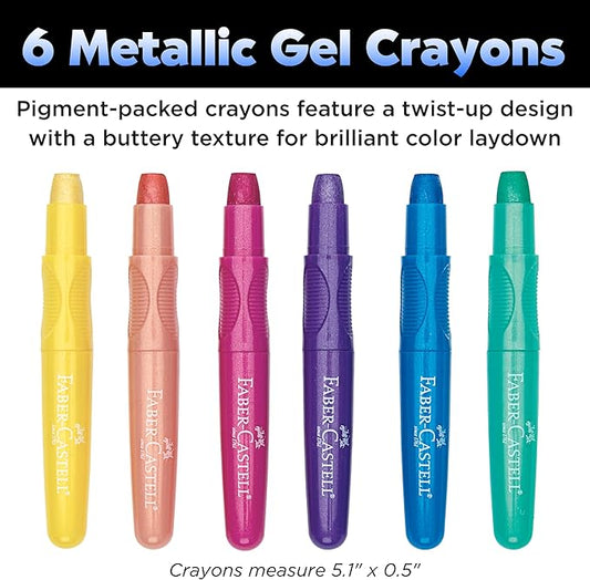 Faber-Castell Metallic Gel Crayons: 6 Vibrant Gel Crayons in Durable Storage Case: Twistable Crayons for Toddler Coloring, Kids Drawing and Arts and Crafts for Ages 3-4+