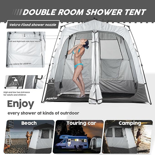 Camping Shower Tent Deluxe Changing Room Easy Set Up Privacy Shelter,Large Toilet Tent 2 Rooms with Floor Drain Design for Beach, Camping,Hiking with Stakes and Ropes for Stability