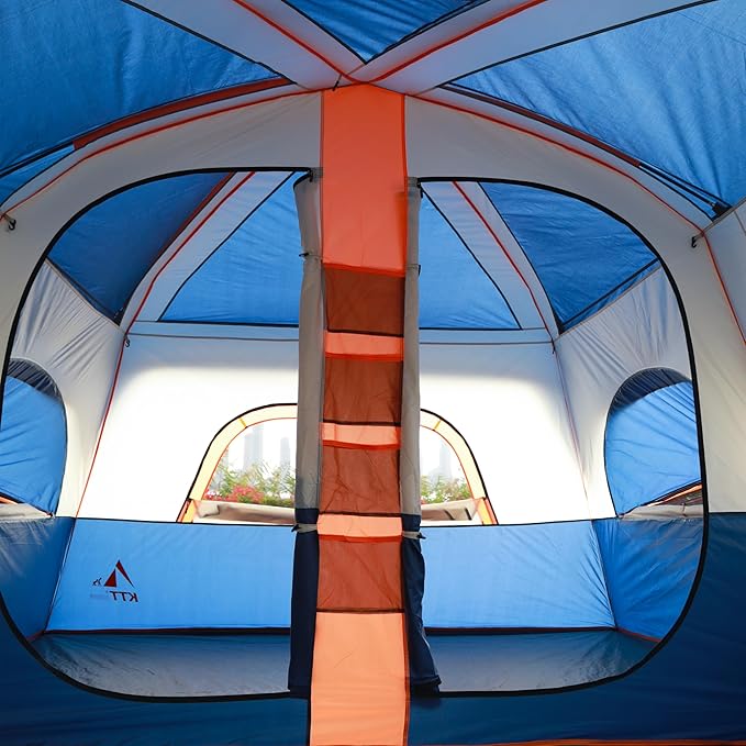 KTT Extra Large Tent 12 Person,2 Bay-Windows,Family Cabin Tents,14'Lx10'Wx6.58'H,2 Rooms and 3 Doors 3 Windows with Mesh,Waterproof,Straight Wall,Big Tent for Outdoor,Picnic,Camping,Gathering