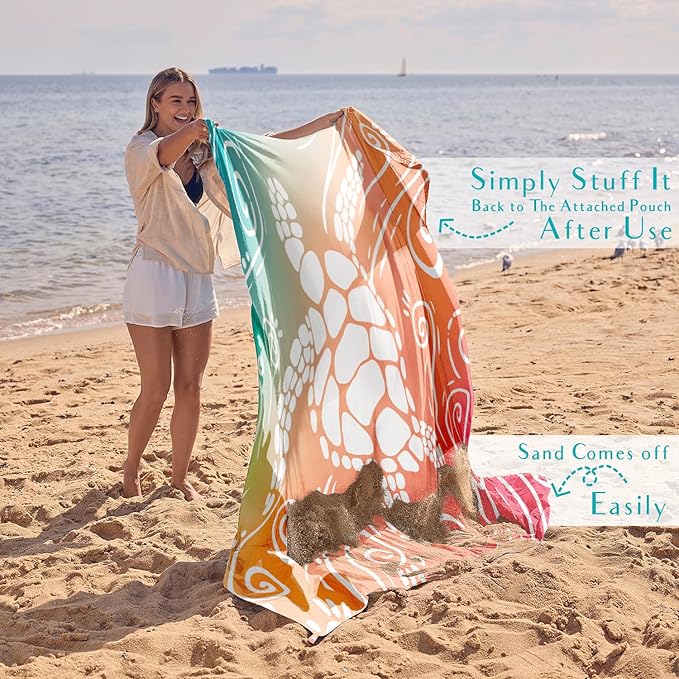 WEKAPO Beach Blanket Waterproof Sandproof Oversized Extra Large Sand Free Beach Mat with Stakes, Storage Bag - Essentials for Outdoor Beach, Picnic (Sea Turtle, 8 X 7 FT (1~4 Person))