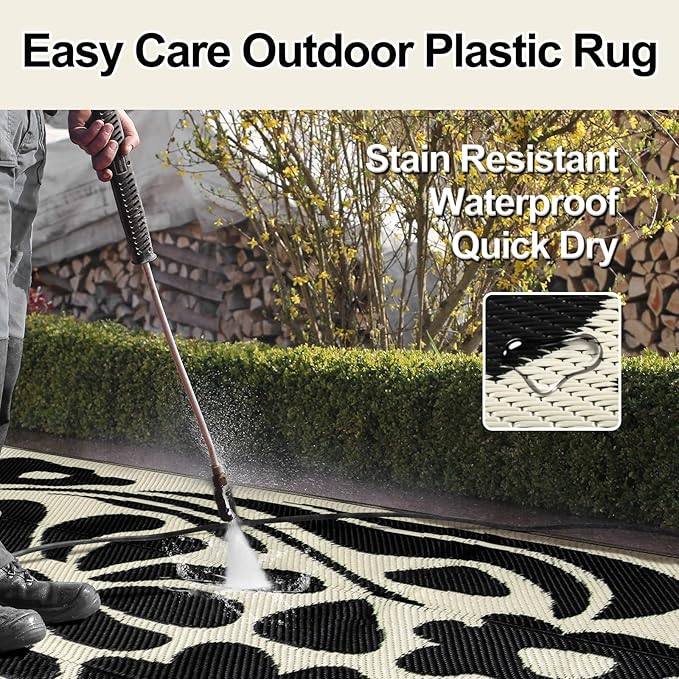Wonnitar 6x9 Outdoor Rug, Waterproof Plastic Straw RV Outdoor Rugs, Reversible Large Portable RV Camping Rugs, Outsided Abstract Flower Patios Area Rug for Deck Backyard Balcony (Black & White, 6'x9')