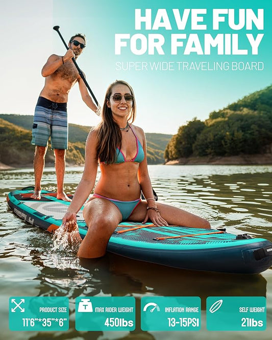 11'6×35" Super Wide Inflatable Stand Up Paddle Board, Ultra Stable Wide SUP for 2+1 People/Family/Big Size, 100L Backpack, All-Round Sup Board, US Big Fin