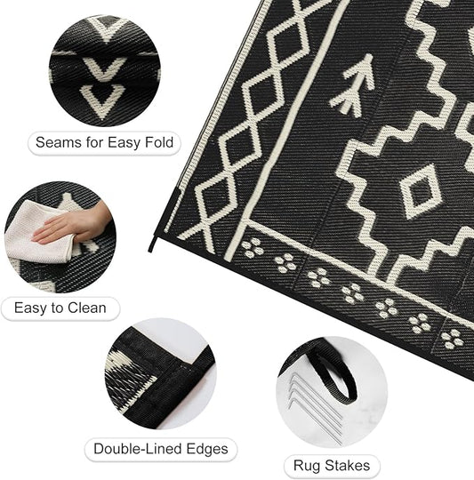 Uphome Outdoor Rug Mat Waterproof 5x8 ft, Reversible Outdoor Plastic Straw Rug, Black Boho Patio Rug, Foldable RV Camping Rug, Indoor Outdoor Area Rug for Backyard Deck Pool Balcony Picnic, 5'x8'