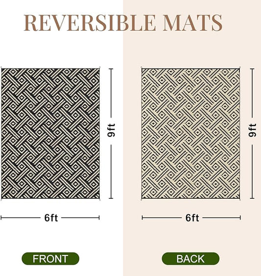 OPPODREAM Outdoor Rug 6x9 Ft, Waterproof Outdoor Plastic Straw Rug for Patio, Reversible Out Door Carpet for Camping, Deck, Rv, 6 x 9 Area Carpet for Balcony, Porch, Backyard, Black and Beige