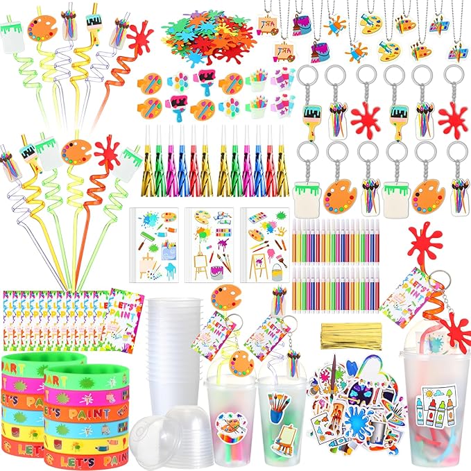 Tondiamo 278 Pcs Art Paint Party Favors Include Gift Cup Plastic Straw Color Pen Keychain Pendant Bracelet Ring Temporary Tattoo Party Blower Card Splatter Confetti for School Reward Birthday