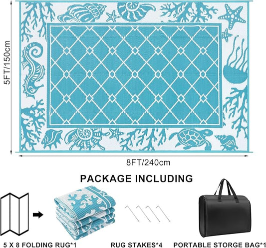 Vaukki Reversible Rugs, Plastic Straw Outdoor Doormat, Fade Resistant Plastic Outdoor Patio Mat, Lightweight Ocean Area Carpet for Patio, RV, Camping, Beach, Deck, Backyard and Picnic (Teal, 5'x8')