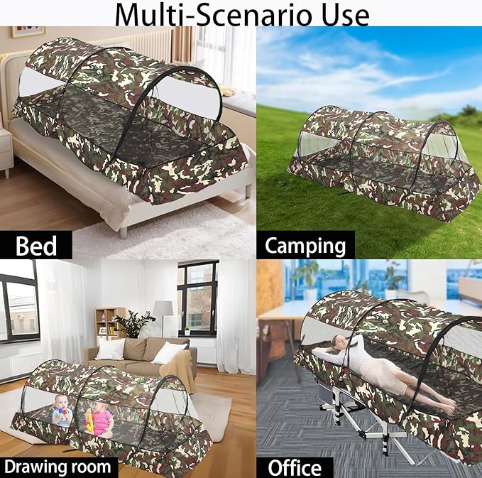 CMINGJ Portable Mosquito Net Foldable Pop-Up Travel Mosquito Net for Bed Free Installation-Suitable for Baby Adults Bedroom, Camping, nap, Patio (Extra Large-Bottom Zipper(Camouflage))