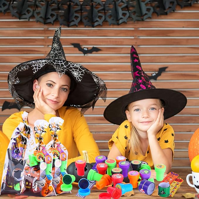 192 Pcs 24 Pack Assorted Halloween Stationery, Party Favors for Kids, Goodie Bags Stuffers Set Including Pencils, Rulers, Stamps and Erasers in Trick or Treat Bags
