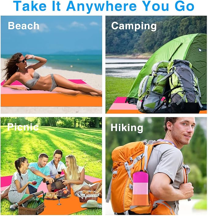 Beach Blanket, Waterproof Sandproof Beach Mat Oversized 79 X 83 Inch for 4-6 Adults, Lightweight Picnic Blanket, Portable Picnic Mat for Outdoor Travel Camping Hiking with 4 Stakes & 4 Corner Pocket