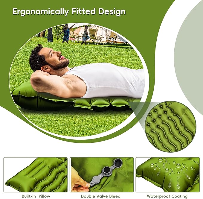 Double Sleeping Pad for Camping, Self Inflating 4" Extra-Thick Camping Mattress Pad 2 Person with Pillow, Built-in Foot Pump, Ultralight Camping Bed Mat for Backpacking Hiking Traveling Tent