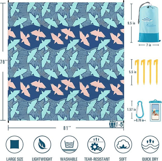 Beach Blanket Sandproof Waterproof 78''×81''1-5Adults Oversized,Compact Lightweight Durable Beach Mat for Travel Camping Hiking Picnic Blanket