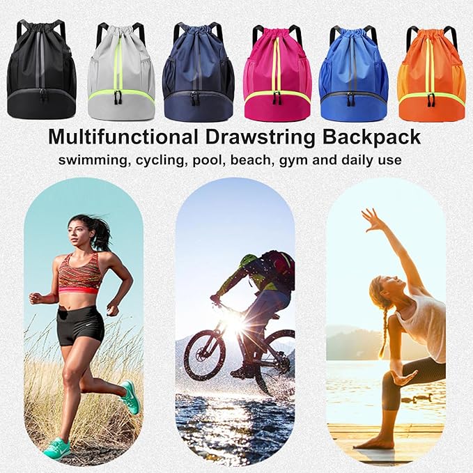 Swim Bag Drawstring Backpack with Wet Pocket Shoe Warehouse String Bag Sackpack for Beach Swimming Pool Gym Sports (Black)