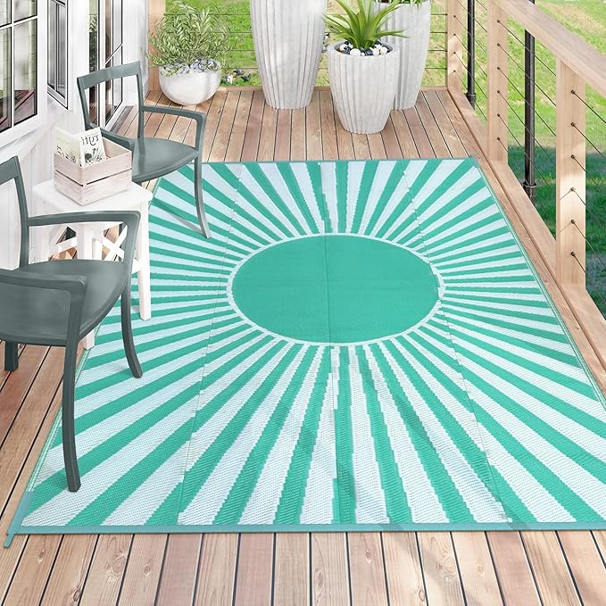 Wonnitar 5x8 Waterproof Outdoor Rug - Reversible Plastic Straw Patio Rug, Portable Outside Carpet for Camping, Indoor Outdoor Mat for Deck Backyard RV Garden Picnic (Blue-Green, 5'x8')