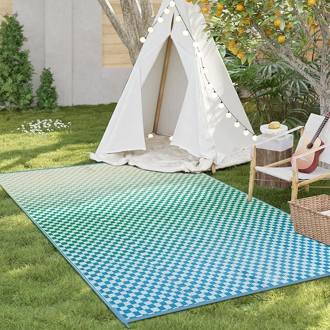 Wonnitar Waterproof Outdoor Rug 6x9 - Blue Yellow Gradient Checkered RV Camping Rug, Reversible Plastic Straw Patio Mat for Poolside Deck, Portable Lightweight Colorful Outdoor Carpet