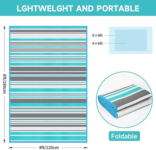 Outdoor Patio Plastic Rug Waterproof - Outdoor Rugs for Camper Outside, Rv, Porch Deck Rug Clearance, Area Carpet for Outside, Balcony, Patio Decor, Blue & Grey, 4x6 ft