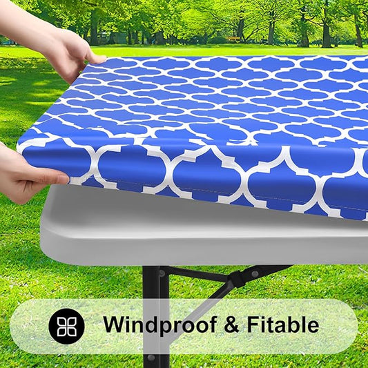 Smiry Rectangle Picnic Table Cover, Waterproof Elastic Fitted Camping Tablecloths for 4 Foot Tables, Wipeable Flannel Backed Vinyl Tablecloth Protector for Indoor, Outdoor (Blue, 30x48 Inches)
