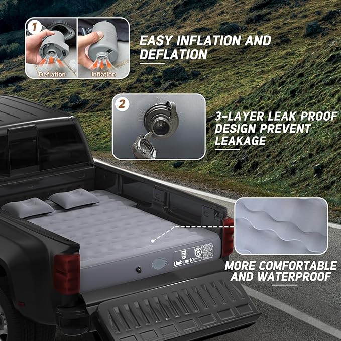 Umbrauto Built-in Pump Air Mattress for 5.5-5.8ft Full Size Short Truck Bed, Self-Inflating Suede Surface Camping Airbed for Tent Outdoor Travel Sleeping