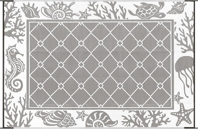 Vaukki Reversible Rugs, Plastic Straw Outdoor Doormat, Fade Resistant Plastic Outdoor Patio Mat, Lightweight Ocean Area Carpet for Patio, RV, Camping, Beach, Deck, Backyard and Picnic (Grey, 6'x9')