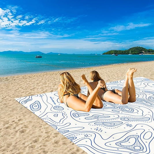 110''×118'' Oversized Beach Blanket for 4-8 Adults, White Waterproof Sandproof Picnic Blanket, Lightweight Foldable Sand Free Outdoor Mat w/ 4 Stakes & Portable Carry Bag for Travel, Camping, Hiking