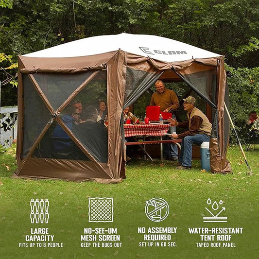 CLAM Pop Up Screen Tent, Outdoor Camping Gazebo Canopy, Pavilion, 12.5', Brown - Heavy-Duty Portable Screened Shelter with Netting for Beach, Patio, and Backyard