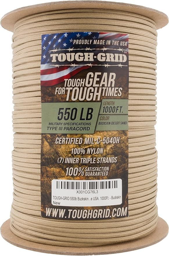 TOUGH-GRID Premium Buckskin Paracord 550 lbs Made in USA Outdoor Survival Nylon Rope Tactical Heavy Duty Strands Parachute Cord Used by US Military Type III Mil-Spec