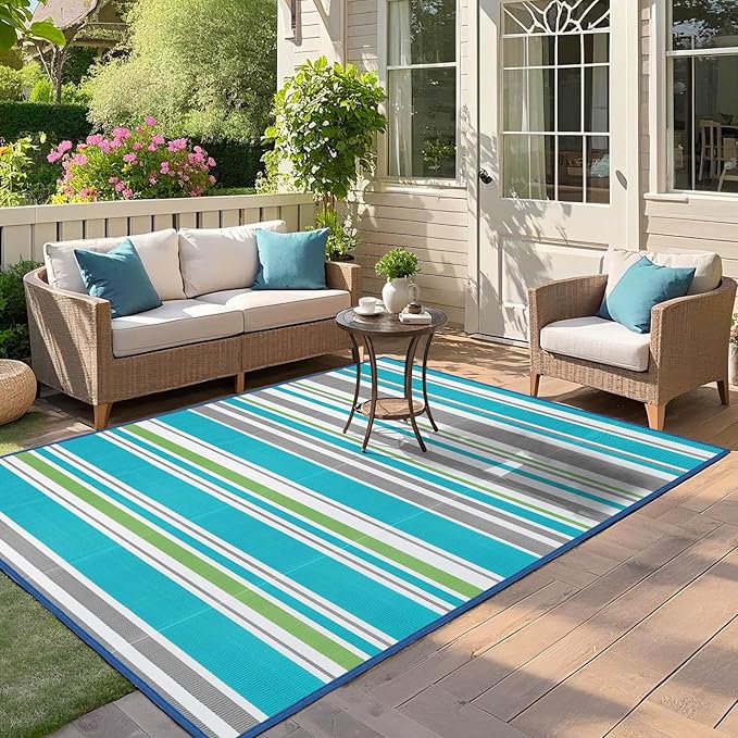 Outdoor Patio Plastic Rug Waterproof - Outdoor Rugs for Camper Outside, Rv, Porch Deck Rug Clearance, Area Carpet for Outside, Balcony, Patio Decor, Turquoise & Grey, 4x6 ft