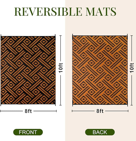 OPPODREAM Outdoor Rug 8x10 Patio Waterproof, Large Outdoor Plastic Straw Rug, Reversible Out Door Carpet for Camping, Deck, Rv, 8 x 10 Area Carpet for Balcony, Porch, Backyard, Black and Orange