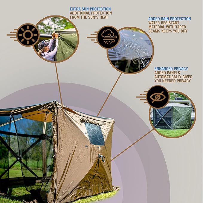 CLAM Quick Set Venture 9x9 Ft Portable Outdoor Camping Canopy Shelter, Green/Tan + Clam Quick Set Screen Hub Tent Wind & Sun Panels, Green (2 Pack)