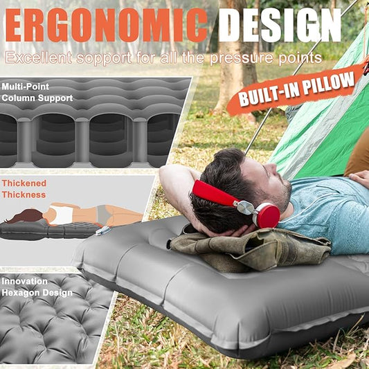 Inflatable Camping Sleeping Pad with Pillow, Extra Thick 4 Inch Sleeping Mat with Built-in Pump, Compact & Ultralight Camping Air Mattress for Backpacking Hiking Tent Traveling